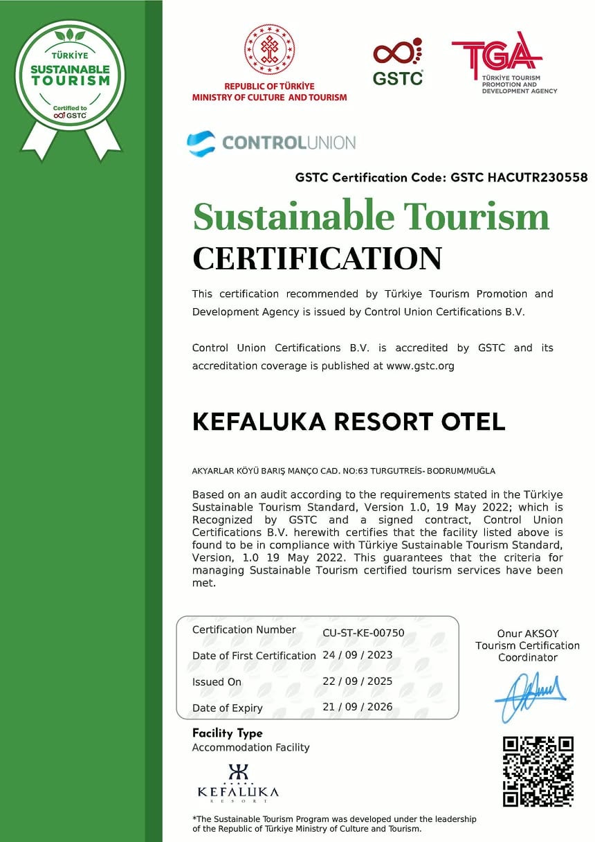 GSTC onaylı Sustainable Tourism sertifikası (İngilizce nüsha)