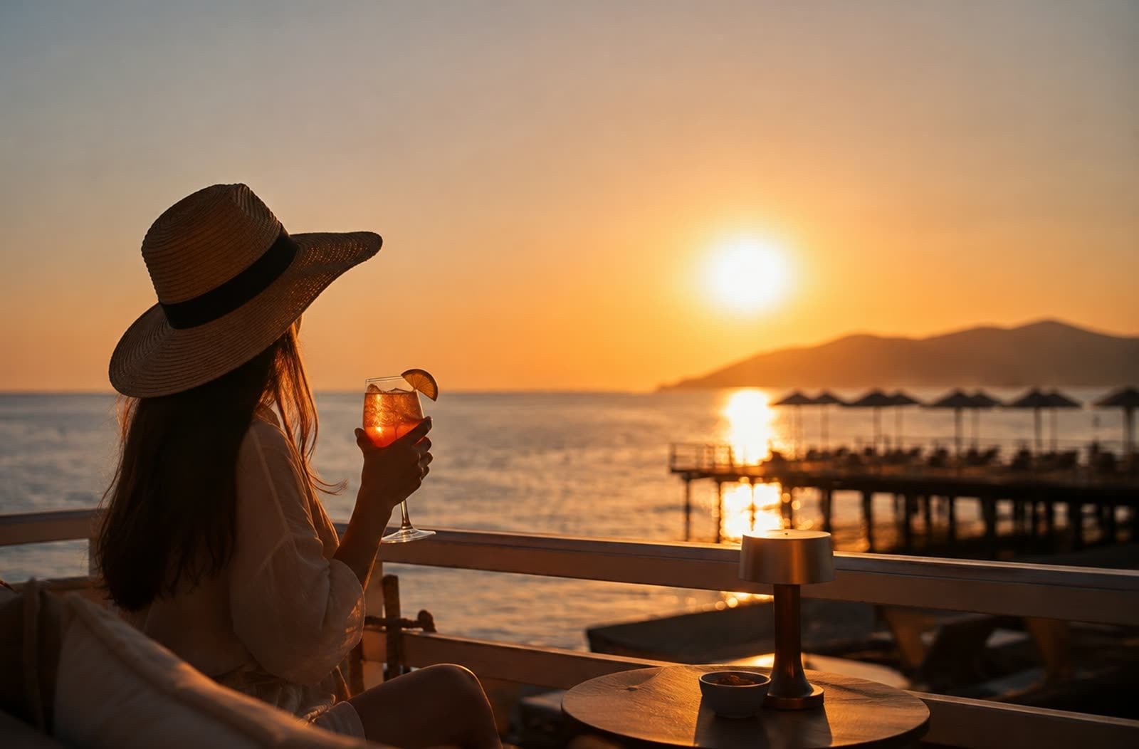 A cocktail served against a sunset view