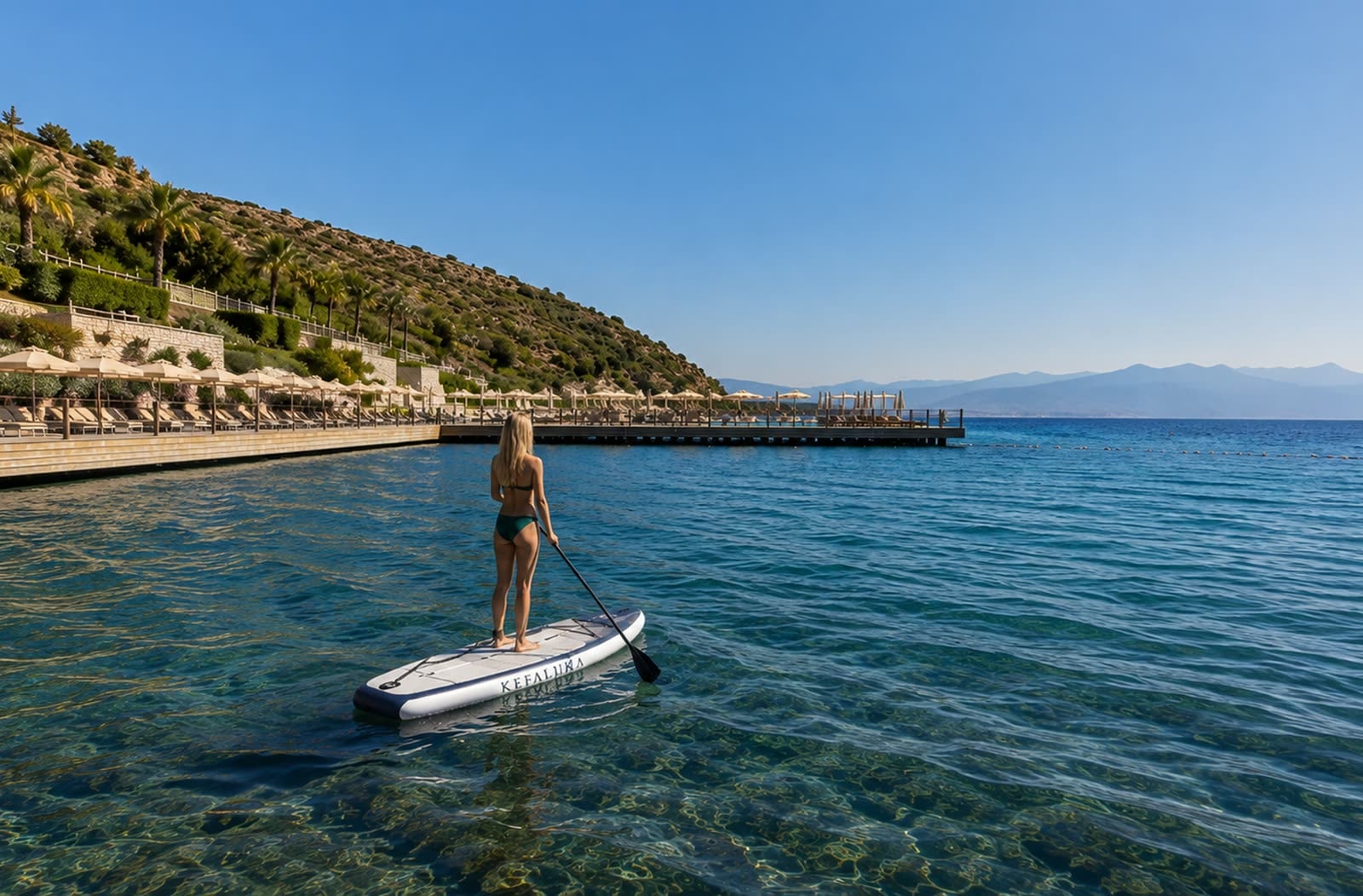 A guest paddleboarding along the Akyarlar shore